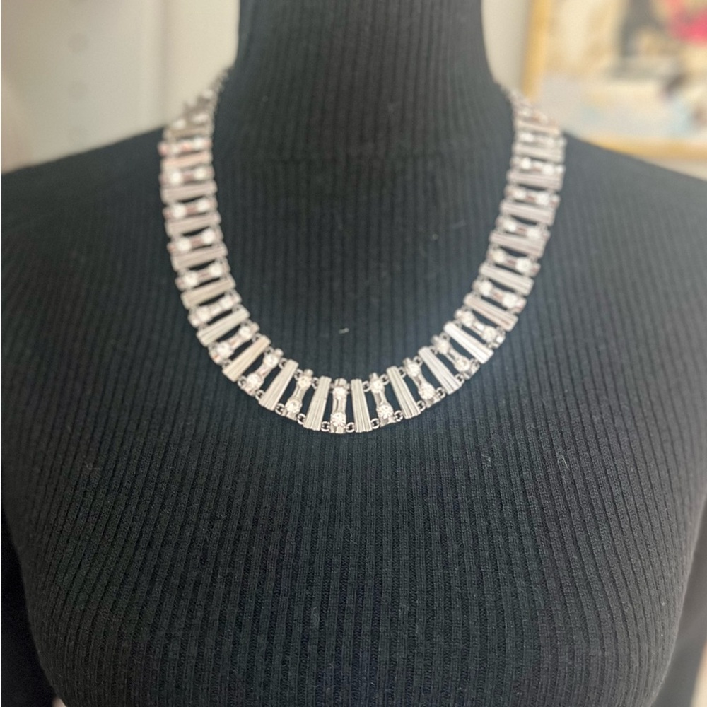 Costume Jewelry silver tone statement necklace with rhinestones